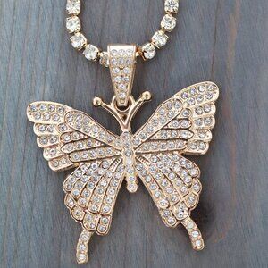 Butterfly Pendant Rhinestones Diamond Tennis Style Necklace 18k Gold Plated